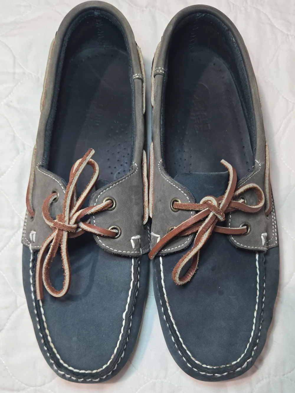 Men's Two-Tone Leather Boat Shoes in Navy, Gray and Brown Mens Size 10.5